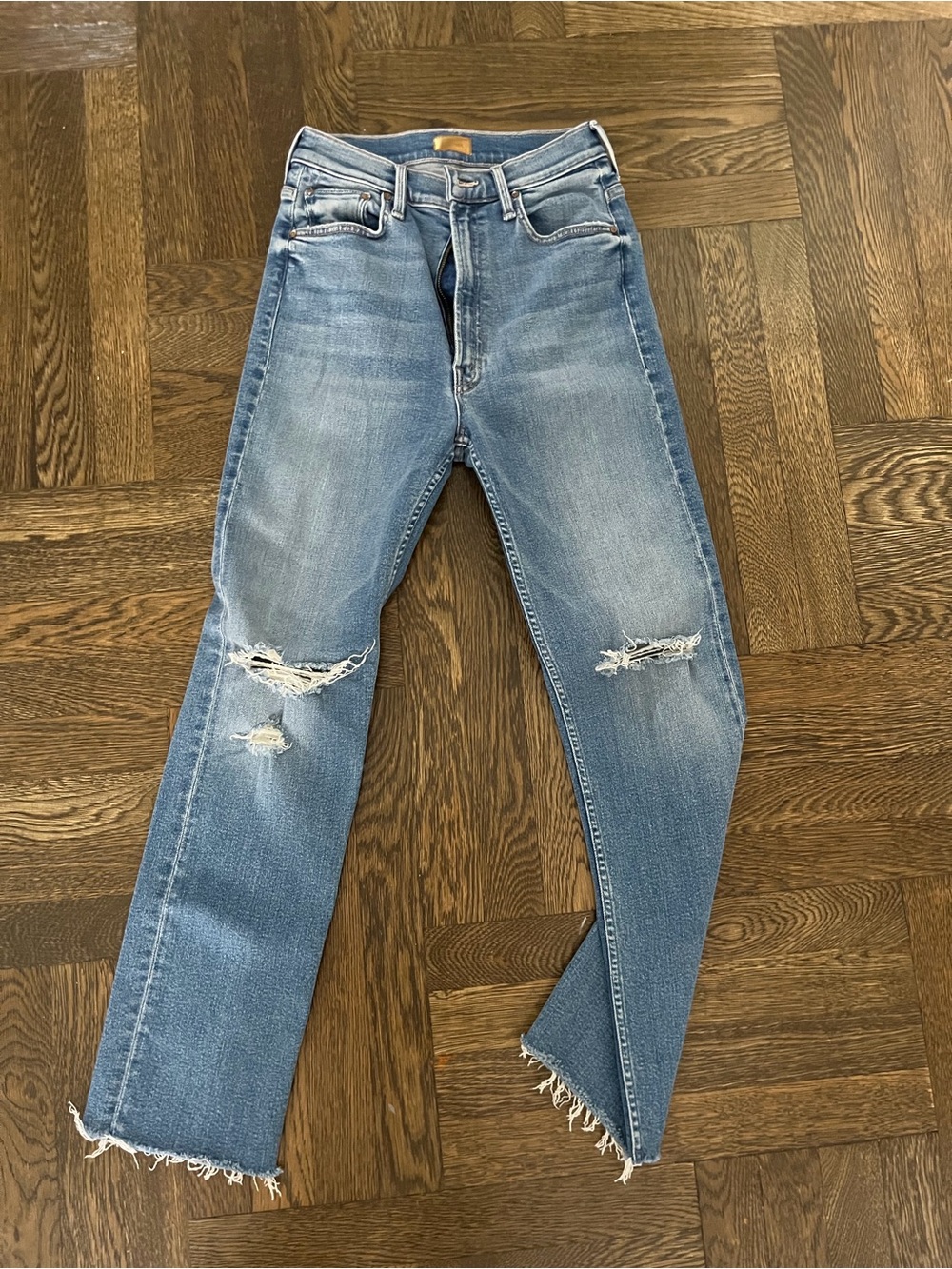 MOTHER Distressed Light Blue Straight-Leg Jeans